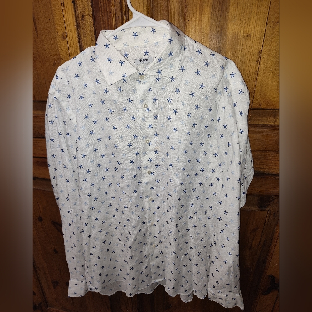 Tiki Napoli XL 100% linen White Shirt with Blue Starfish Pattern NWT